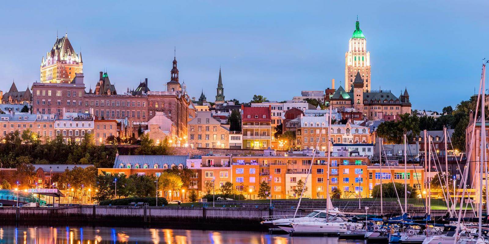 Old Québec at dusk, with the Château Frontenac rising above the lower town